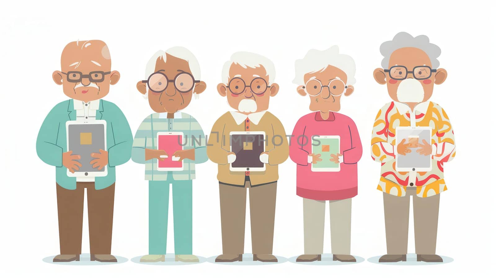 A group of elderly individuals stands together, holding tablets and smiling while sharing their excitement for technology in a vibrant community setting.