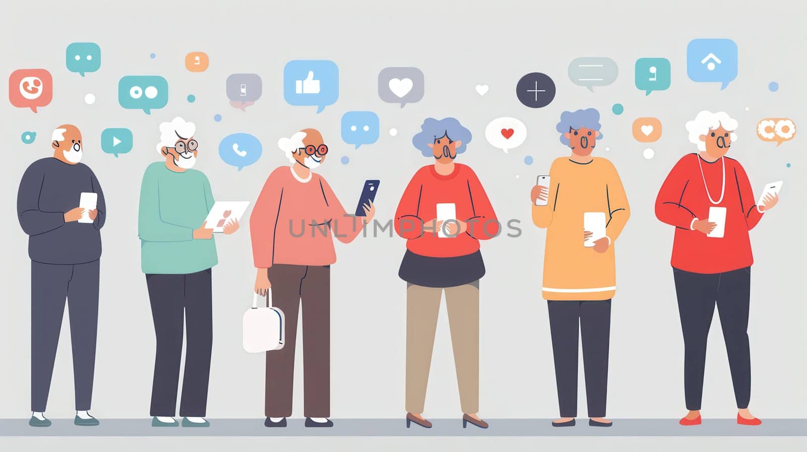 A group of elderly people is actively using their smartphones while interacting with various social media icons around them.
