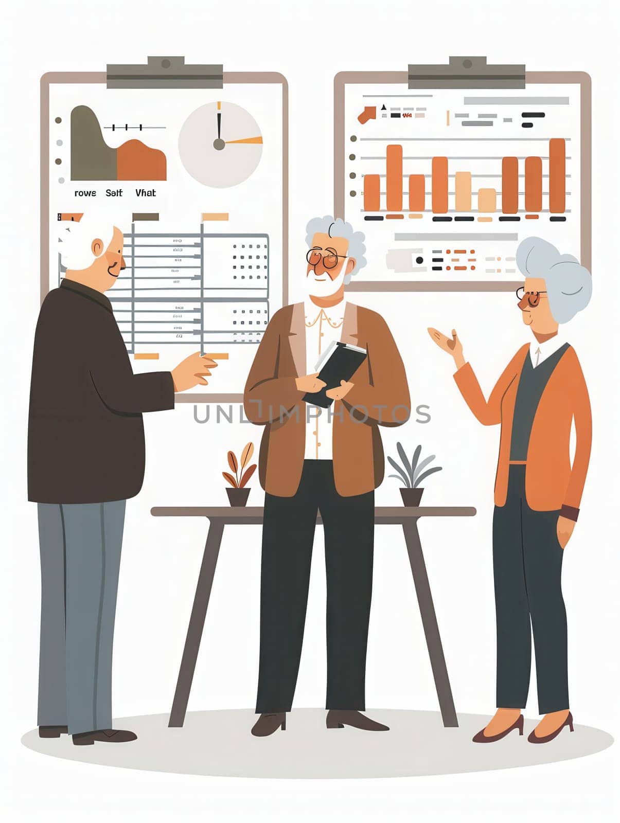 Three elderly individuals collaborate and discuss data insights while standing around a table in a contemporary meeting space.