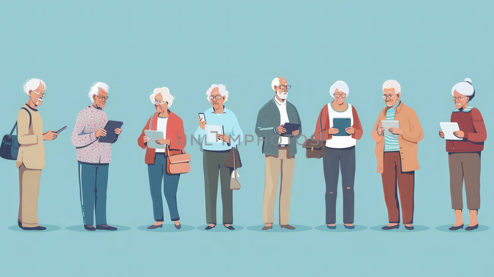 A group of elderly people interact with their devices, showcasing their engagement with technology in a cheerful community setting.