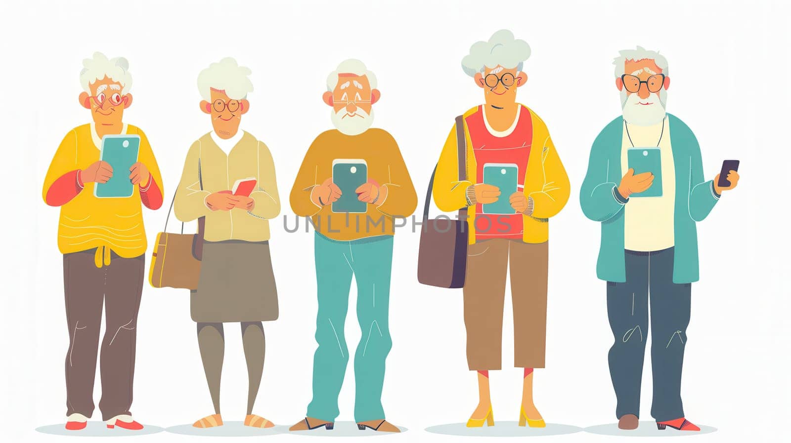 A group of elderly individuals stands together, focused on their mobile devices while enjoying a moment of connection and technology.