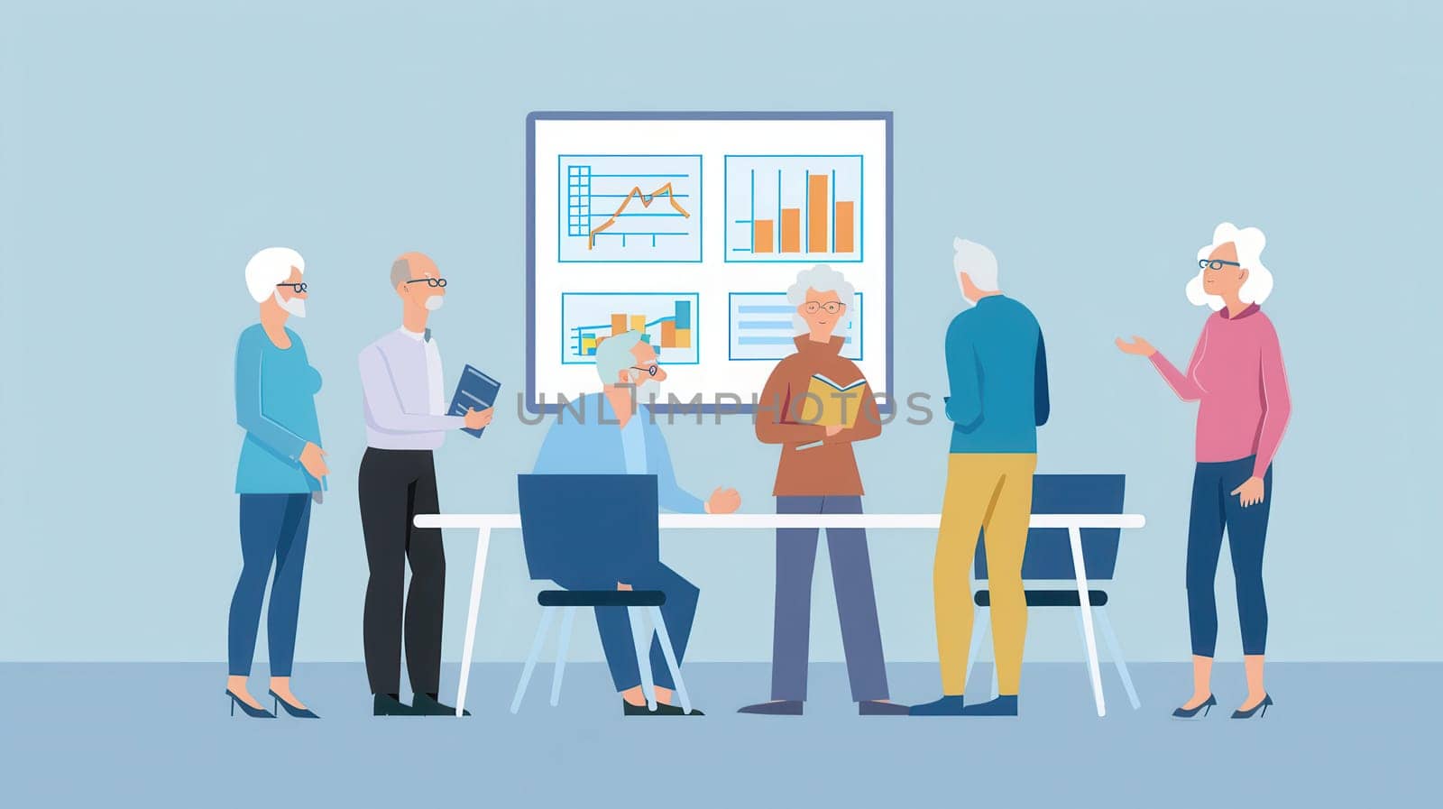 A group of elderly individuals discusses data analysis at a table, surrounded by charts and graphs on a wall, indicating an engaging learning environment.