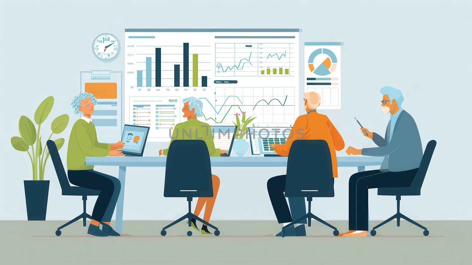 A group of elderly people collaborates on data analysis, discussing trends and insights around a large table in a bright office space.