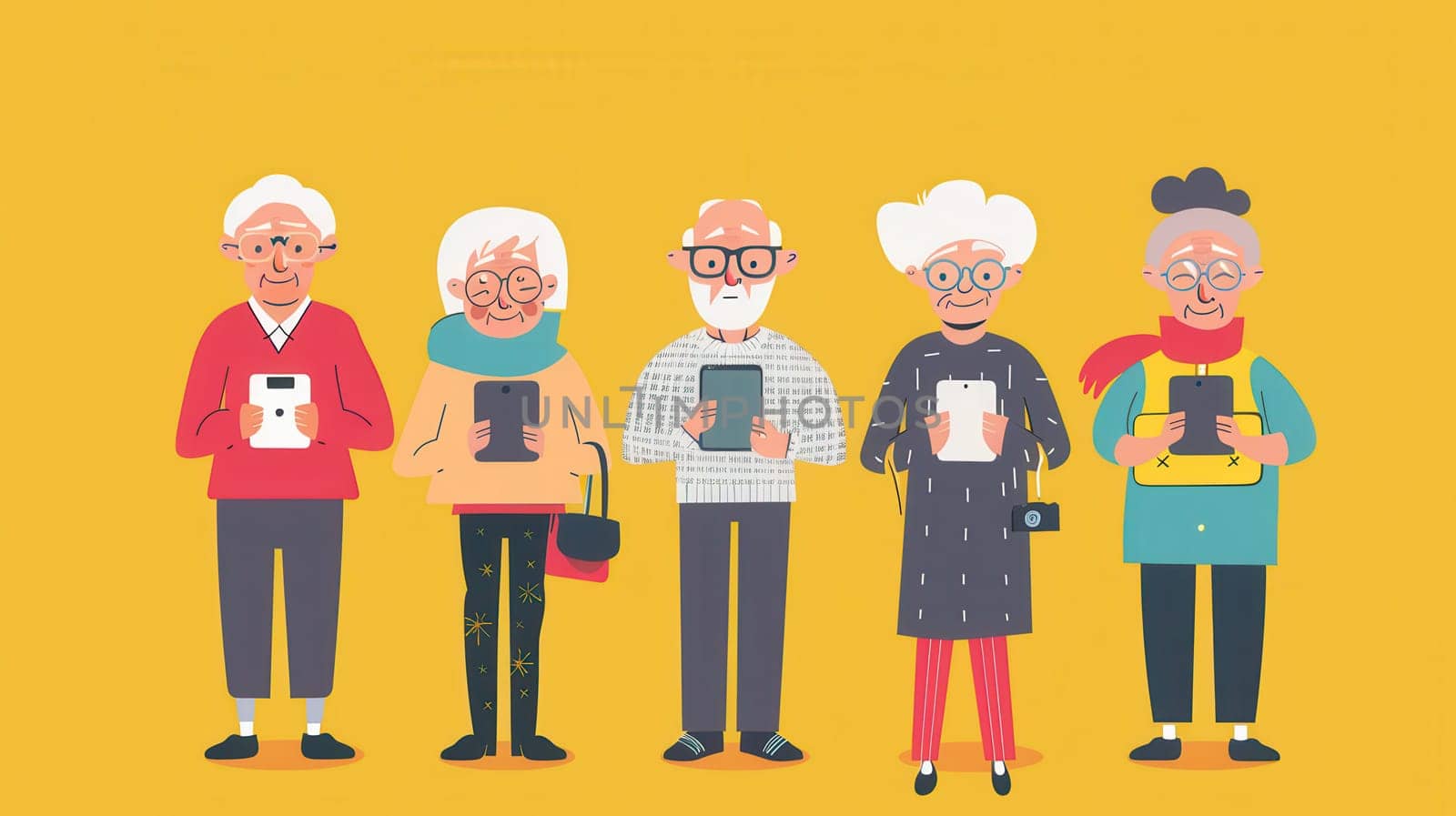 Five elderly individuals are using mobile devices, showcasing their engagement with technology in a vibrant setting.