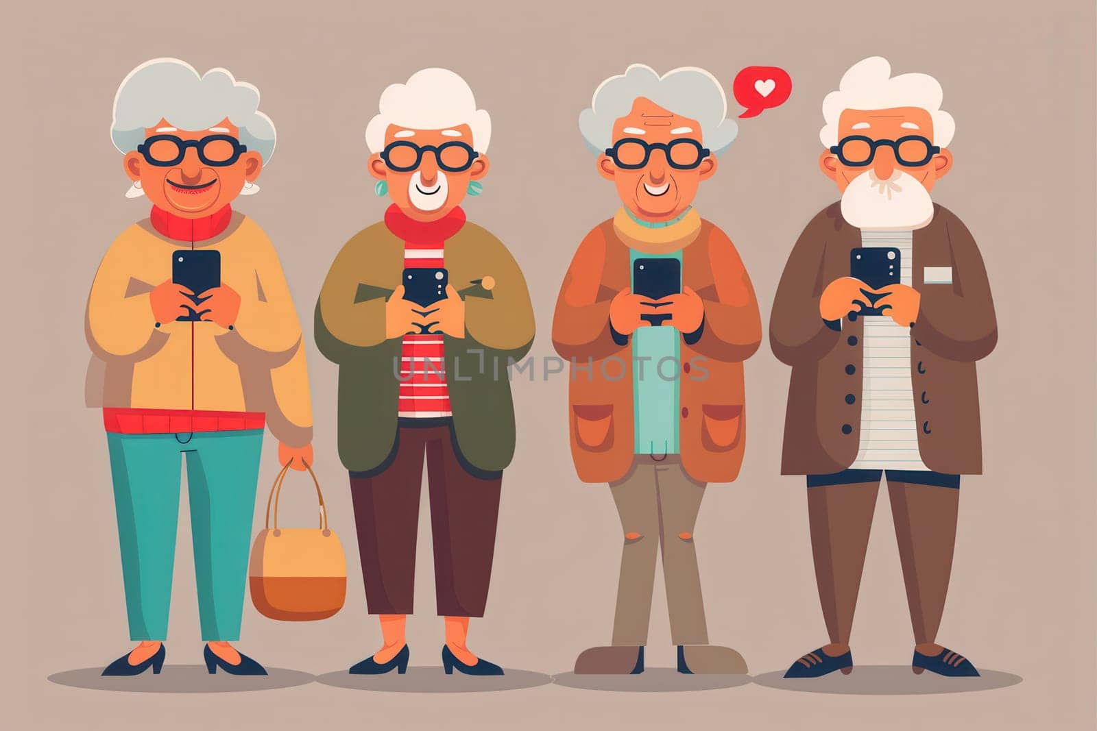 Four elderly individuals happily use smartphones, sharing moments and engaging with each other in a warm, friendly atmosphere.