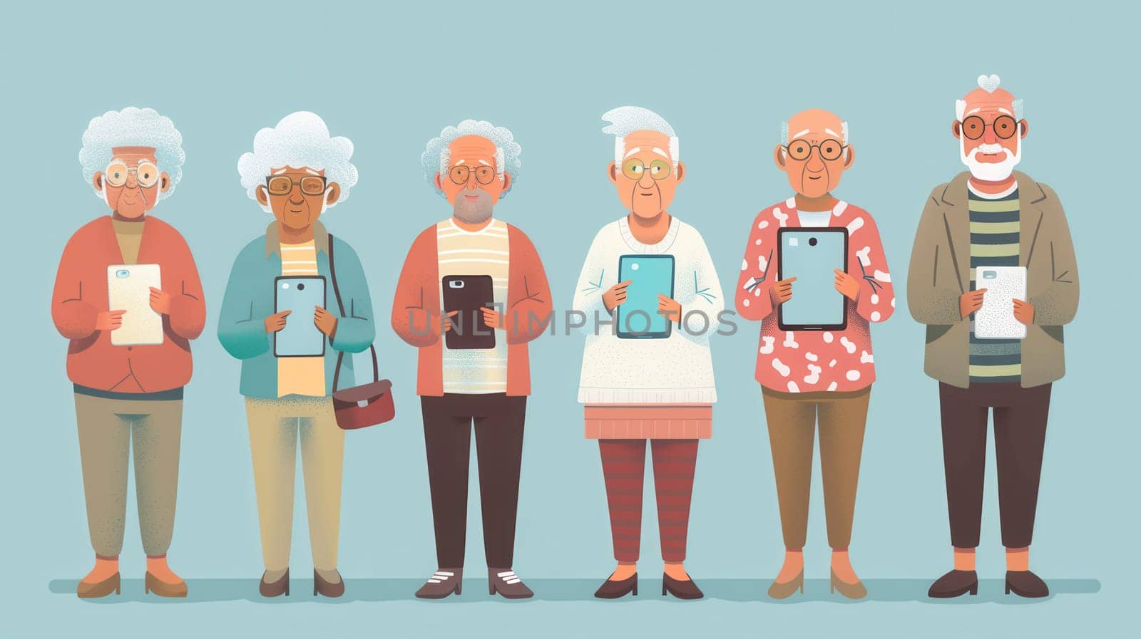 A diverse group of elderly individuals stands together, each holding a tablet, showcasing technology's role in their lives.