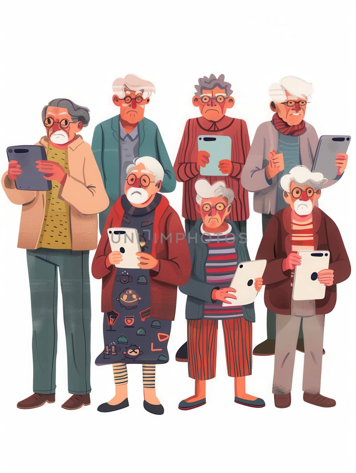 A group of elderly individuals enjoys using their tablets and smartphones, showcasing technology's role in their social interaction and daily life.