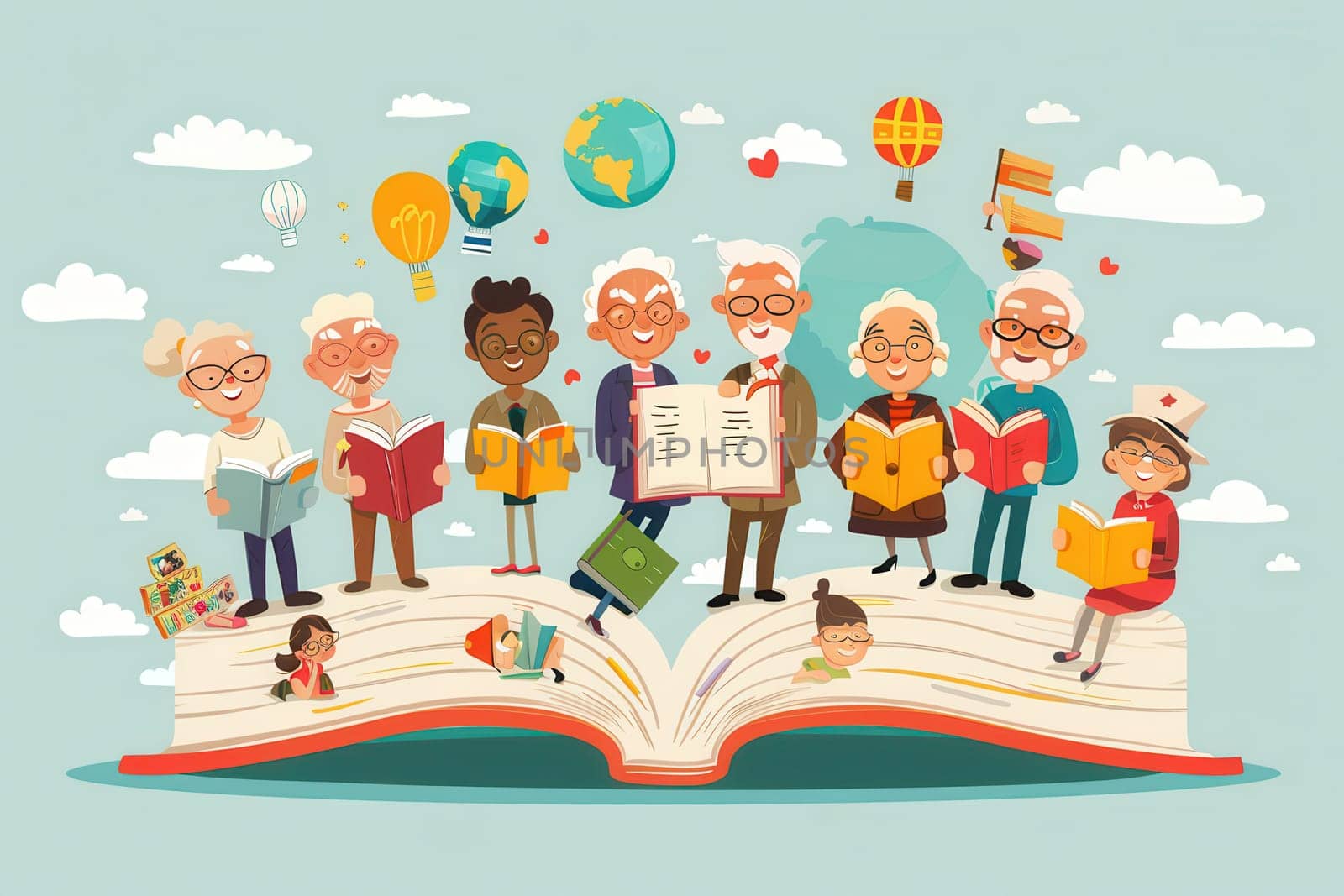 Seniors enthusiastically study foreign languages using textbooks and dictionaries, surrounded by vibrant illustrations of globes and hot air balloons.