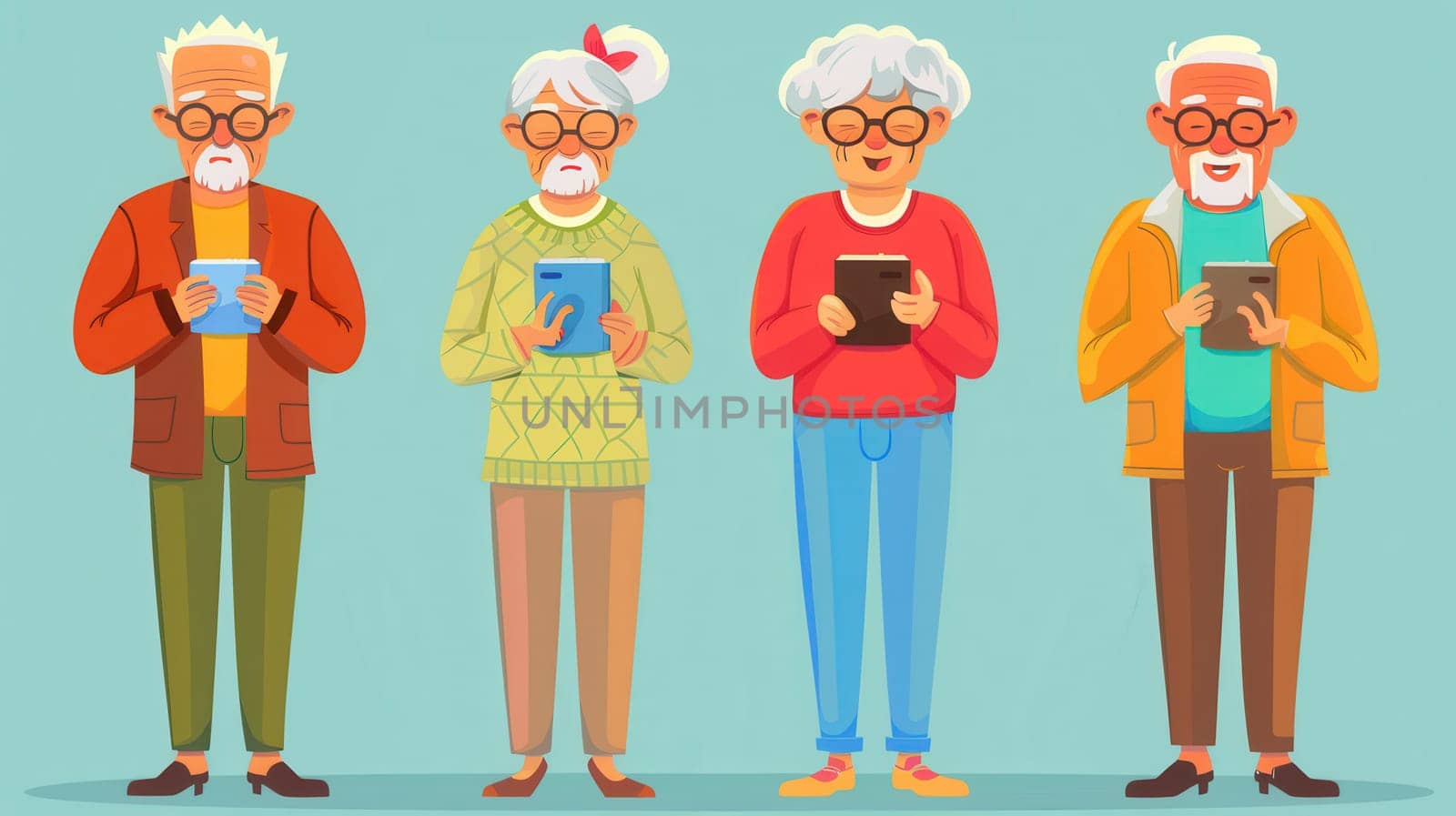 A group of elderly individuals happily interacting with their devices, showcasing their enthusiasm for technology and social connection in a vibrant atmosphere.