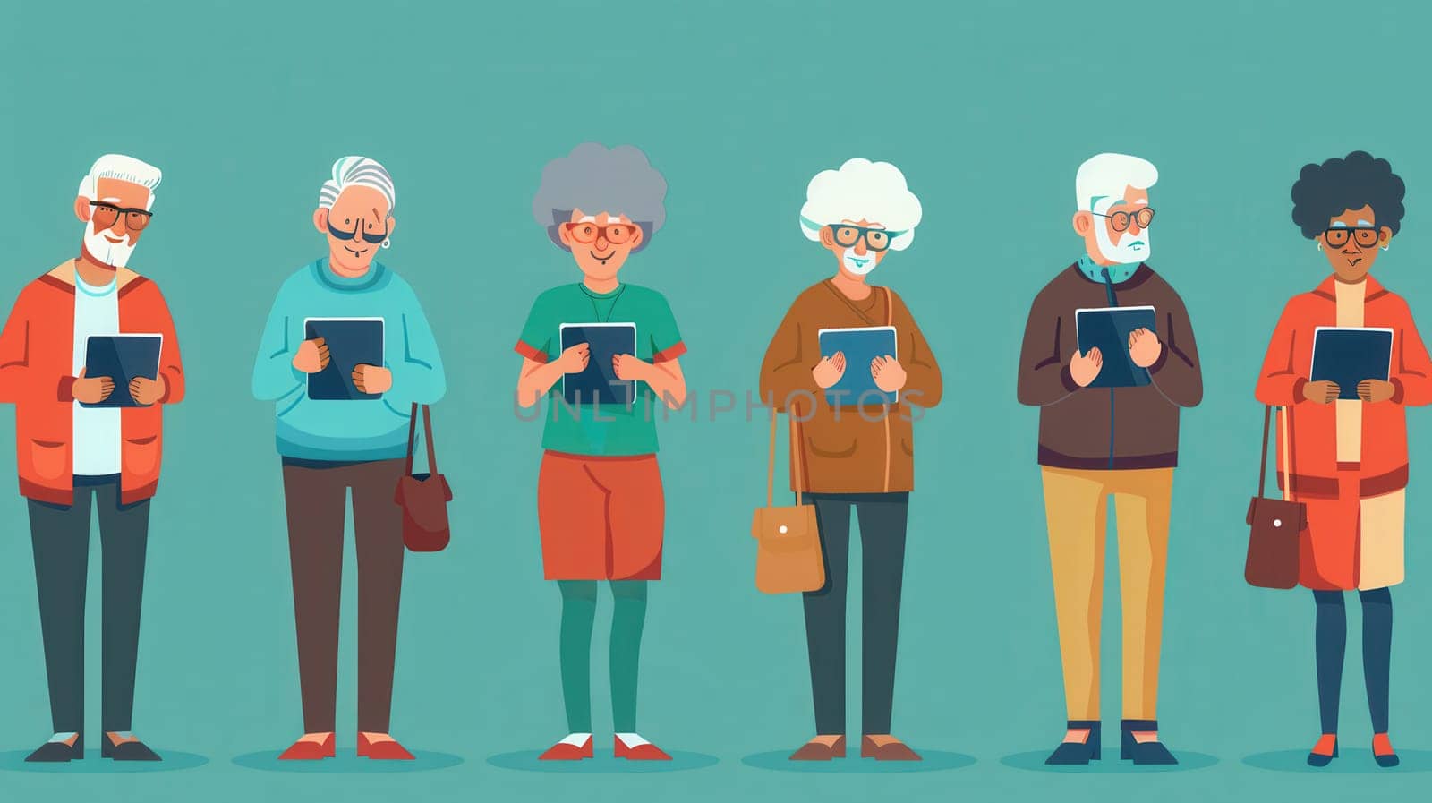 A diverse group of elderly individuals stands together, using tablets and showing expressions of concentration and engagement.