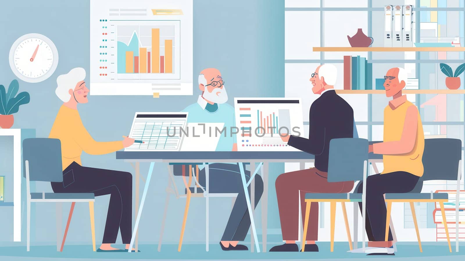 A group of elderly individuals actively discusses projects at a modern meeting table, utilizing laptops and sharing insights in a well-lit office environment.