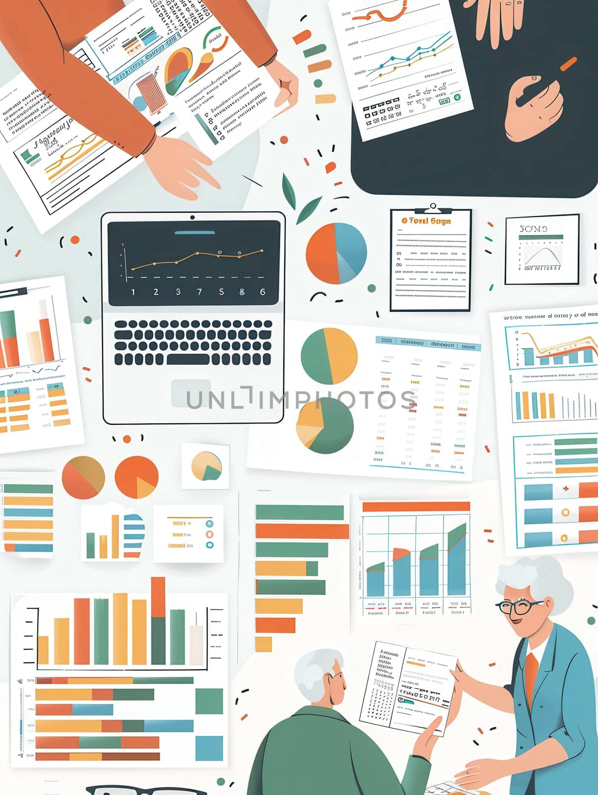Two elderly individuals collaborate using charts and reports in a bright office space filled with data visuals.