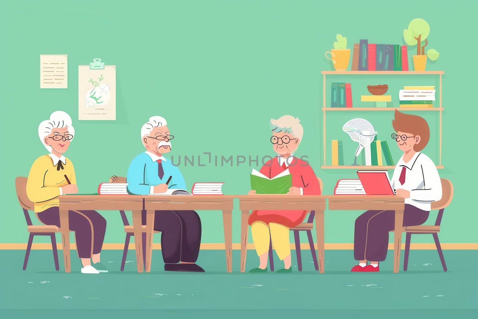 Four elderly students immerse themselves in learning foreign languages using textbooks and dictionaries in a bright, inviting classroom.