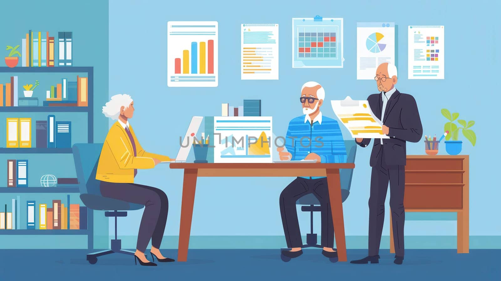 Three elderly individuals are working together in an office, analyzing documents and discussing project details at a large table.