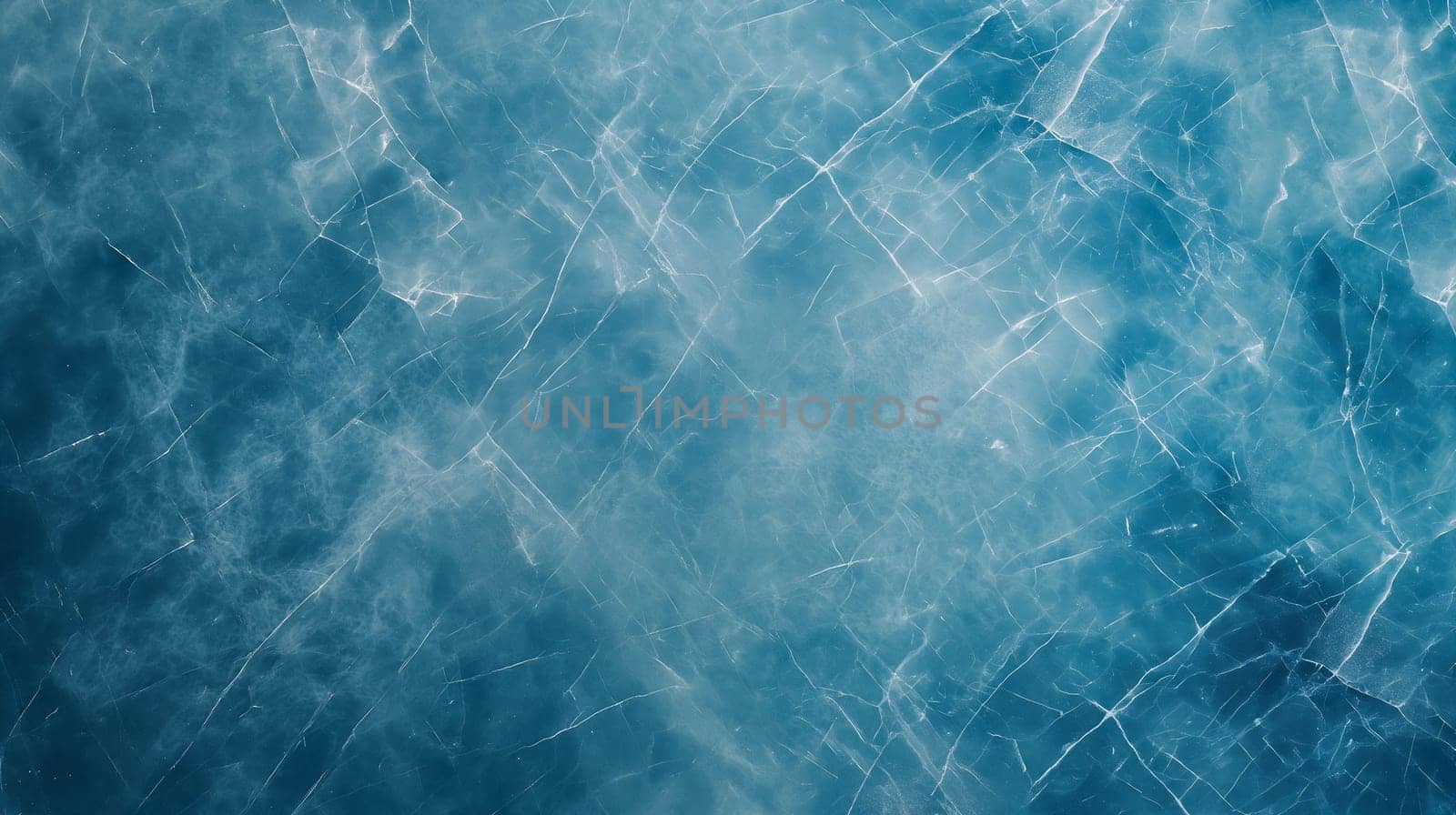 A close-up view of frozen lake water, showcasing the intricate network of cracks across the ice - Generative AI