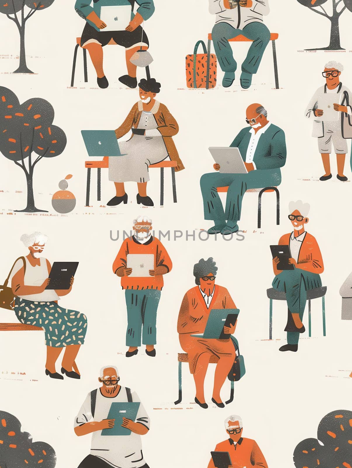 A diverse group of elderly people interacts with laptops and tablets while seated in a peaceful park, enjoying the beautiful weather and each other's company.