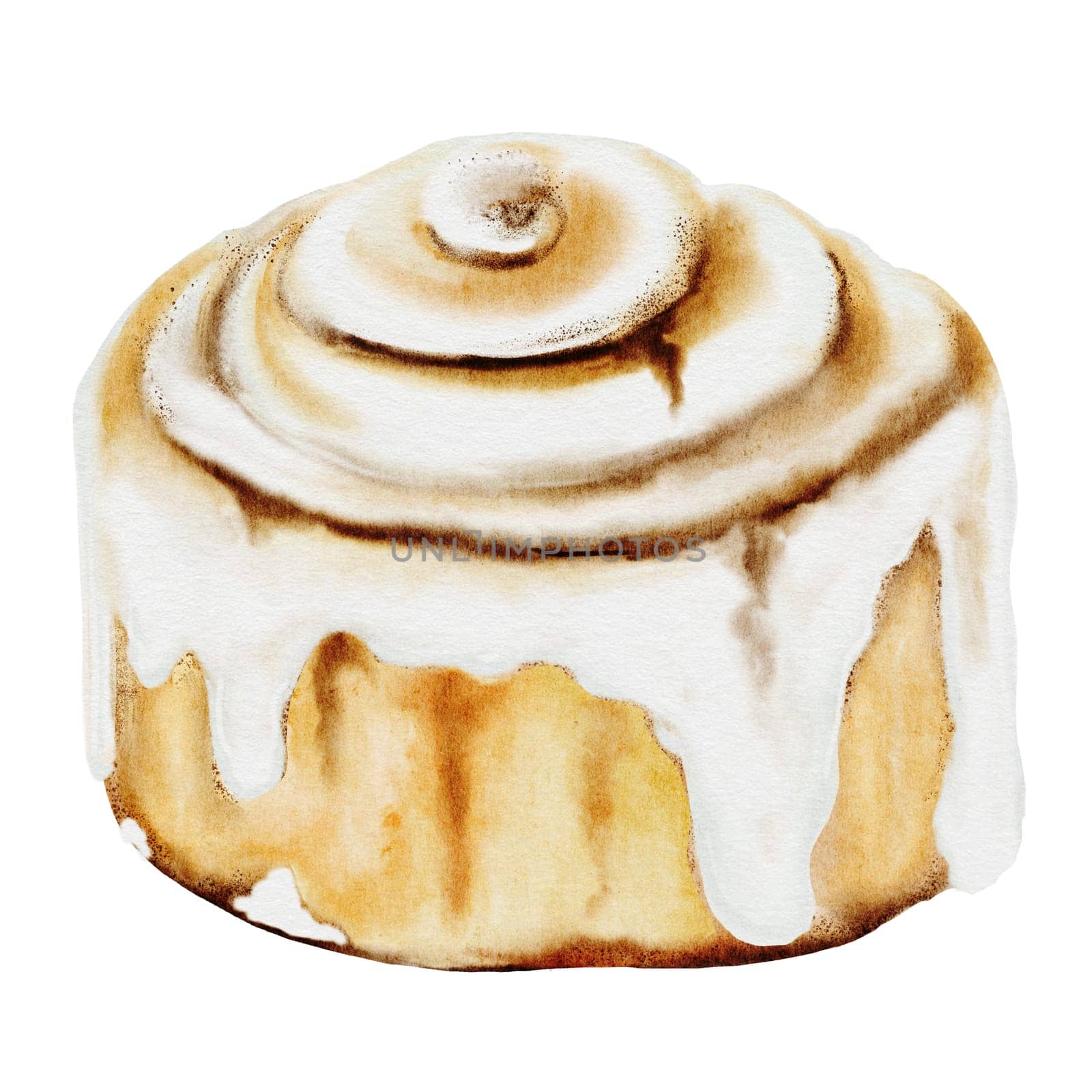 Cinnabon, cinnamon watercolor. Hand drawn cinnamon bun with cream cheese. Classic American sweet. Clip art isolated on white background. For coffee shop menu, pastry shop and sweet pastry recipes. High quality illustration