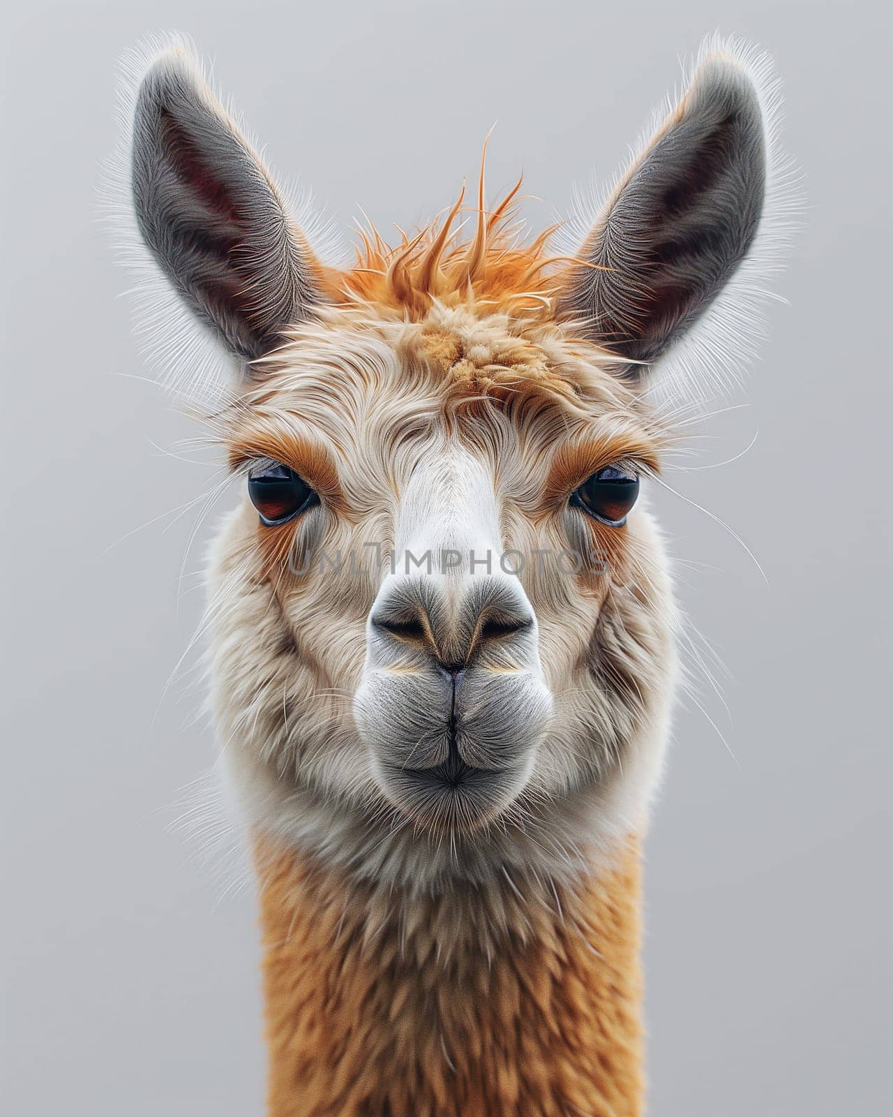 Closeup portrait of a cute brown and white llama with fluffy fur and expressive eyes