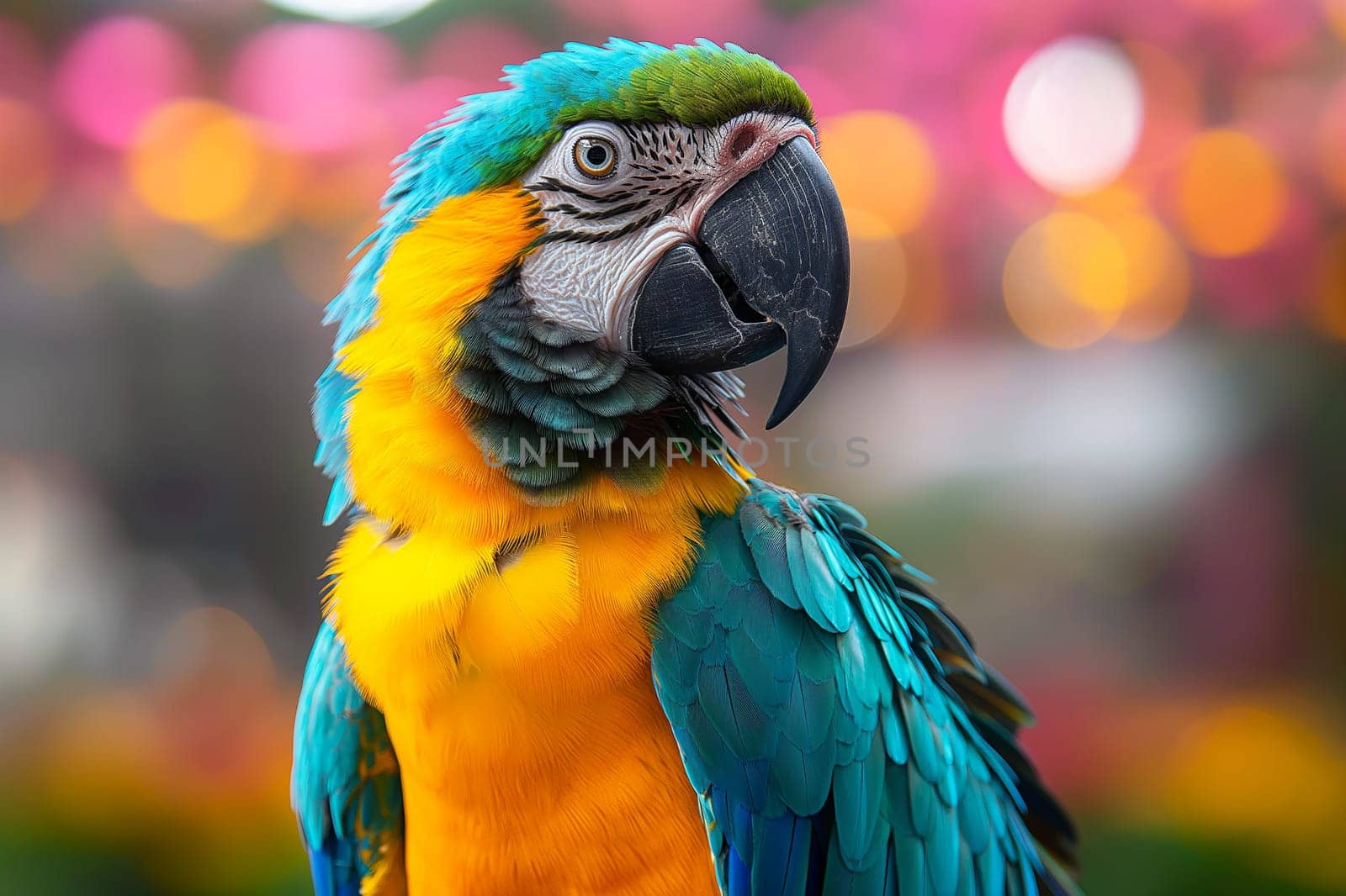 Colorful exotic macaw parrot with vibrant feathers, closeup portrait in a blurred floral background
