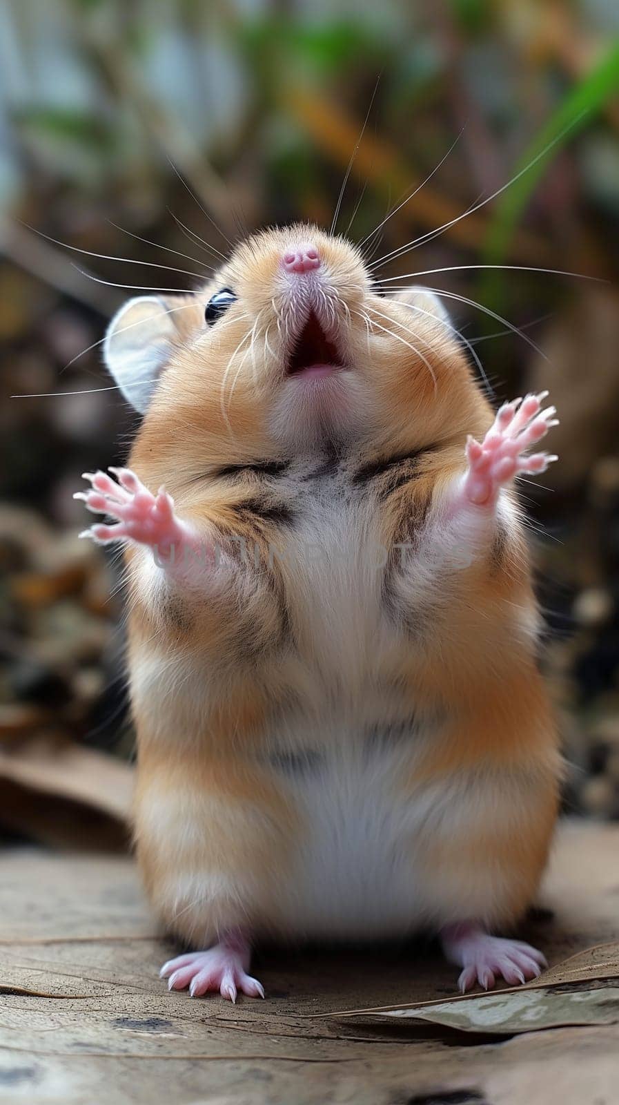 Adorable cute hamster with whiskers and fur standing on the ground with tiny paws