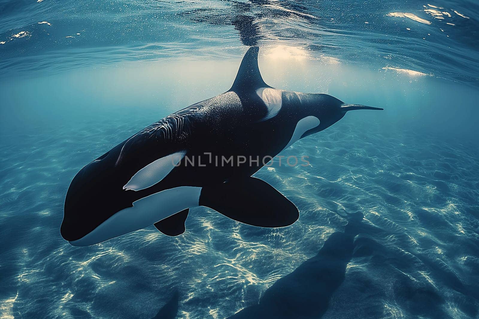 Orca killer whale swimming in marine ocean water, a majestic aquatic wildlife creature in nature.