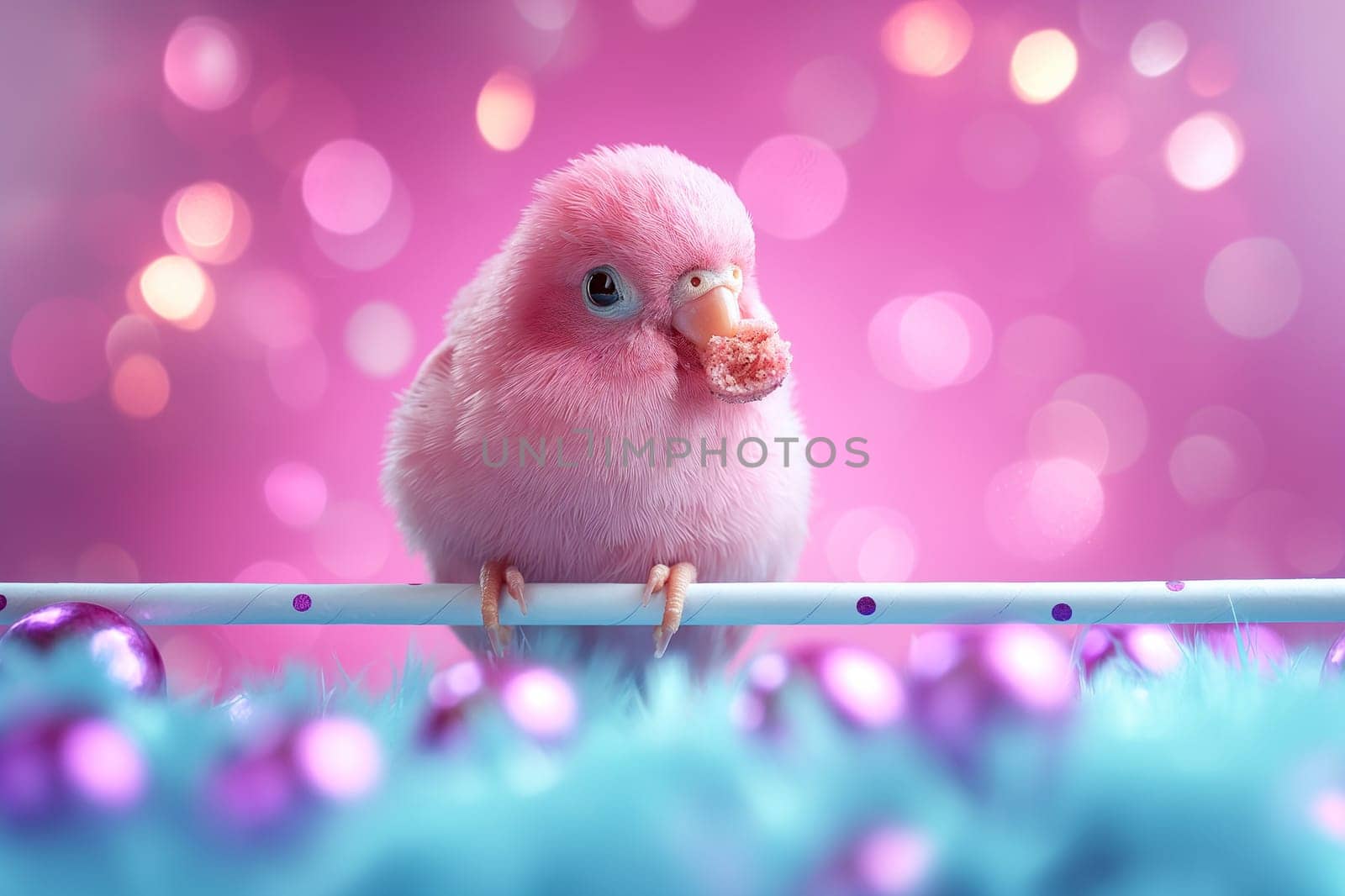 Adorable pink parrot perched on a fluffy branch with bubblegum bokeh background