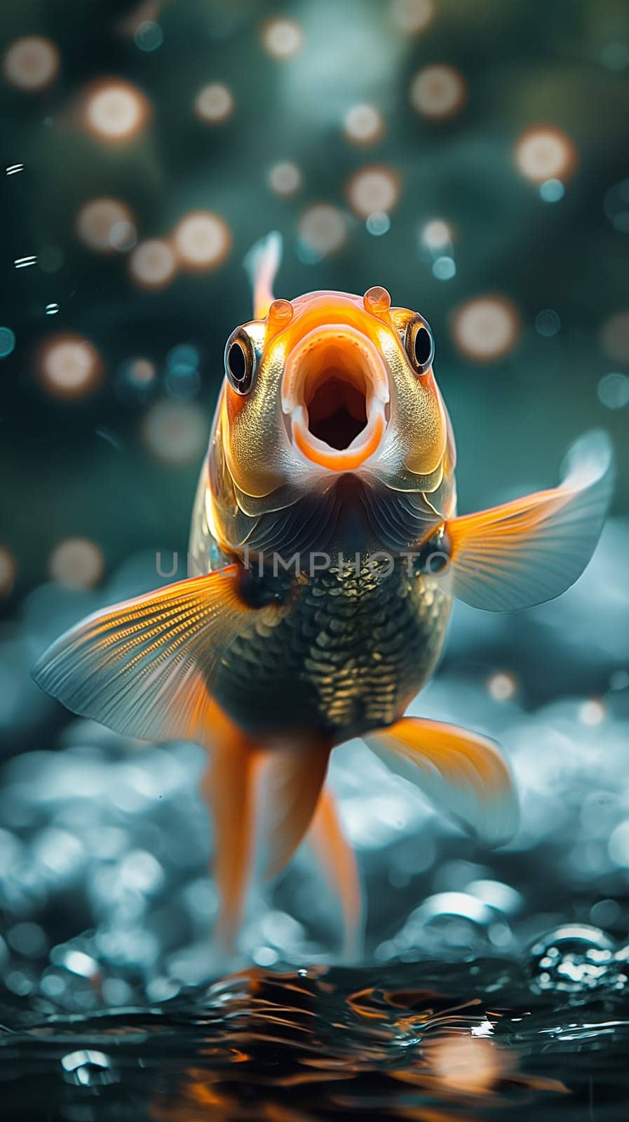 Colorful goldfish swimming underwater with bubbles in a vibrant aquatic environment