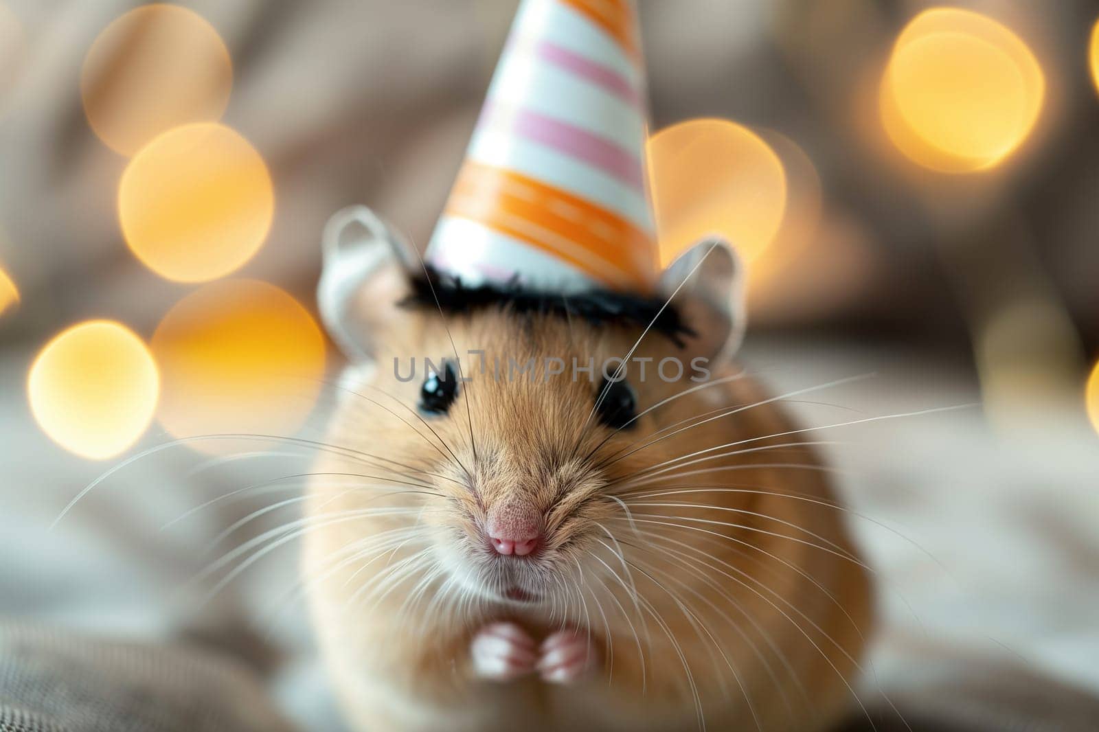 Adorable hamster in a cute party hat for a furry birthday celebration with bokeh lights