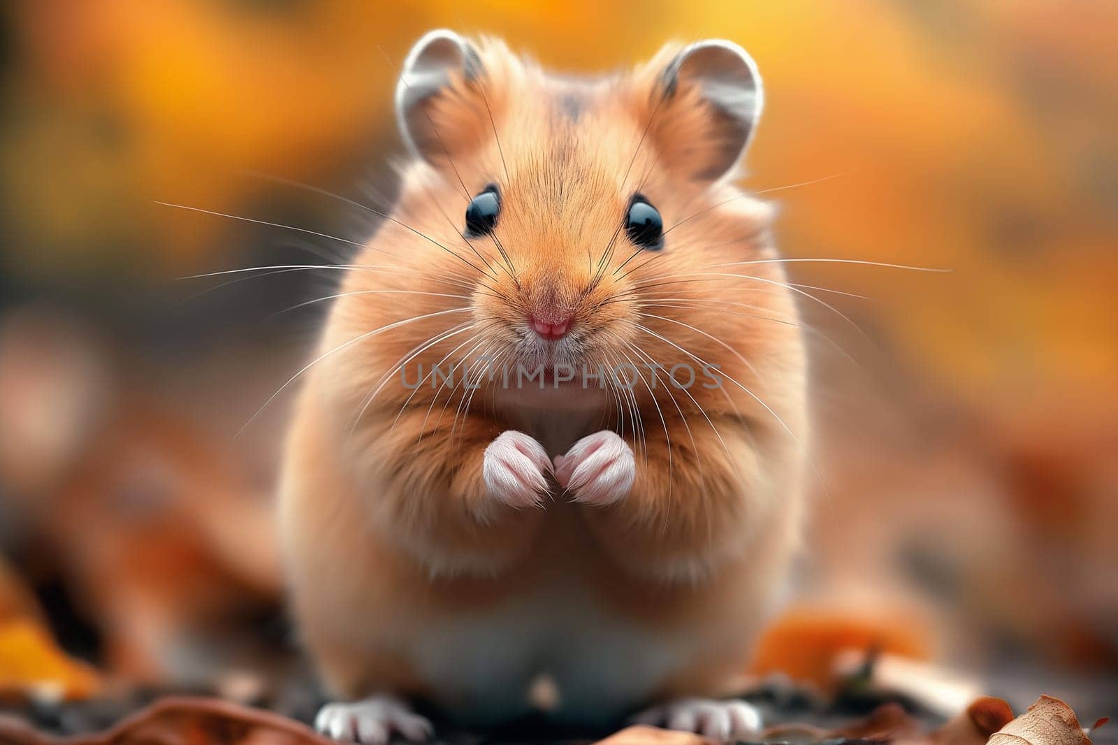 Cute hamster with whiskers and furry tiny paws posing in nature during autumn background