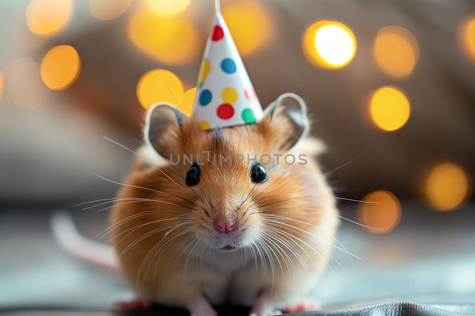 Cute hamster wearing a colorful party hat with confetti background, celebrating a fun and festive birthday
