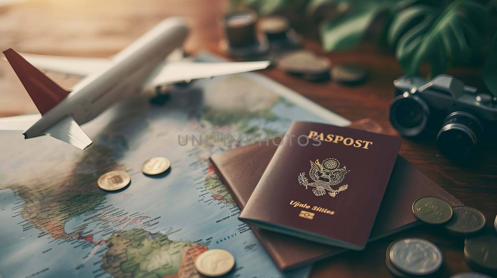 concept of preparation for travel passport airplane. selective focus. Generative AI. tours