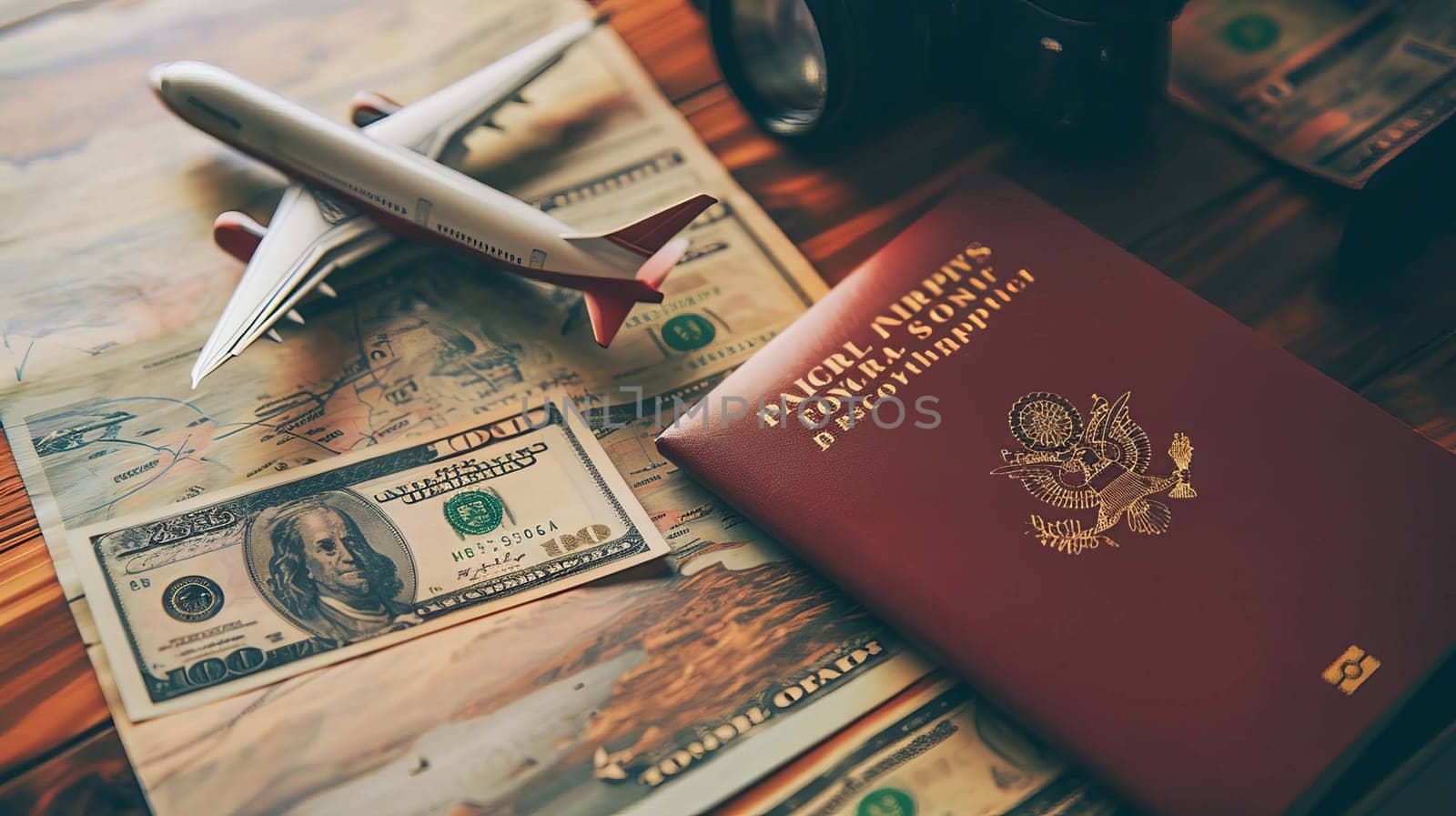 concept of preparation for travel passport airplane. selective focus. Generative AI. tours