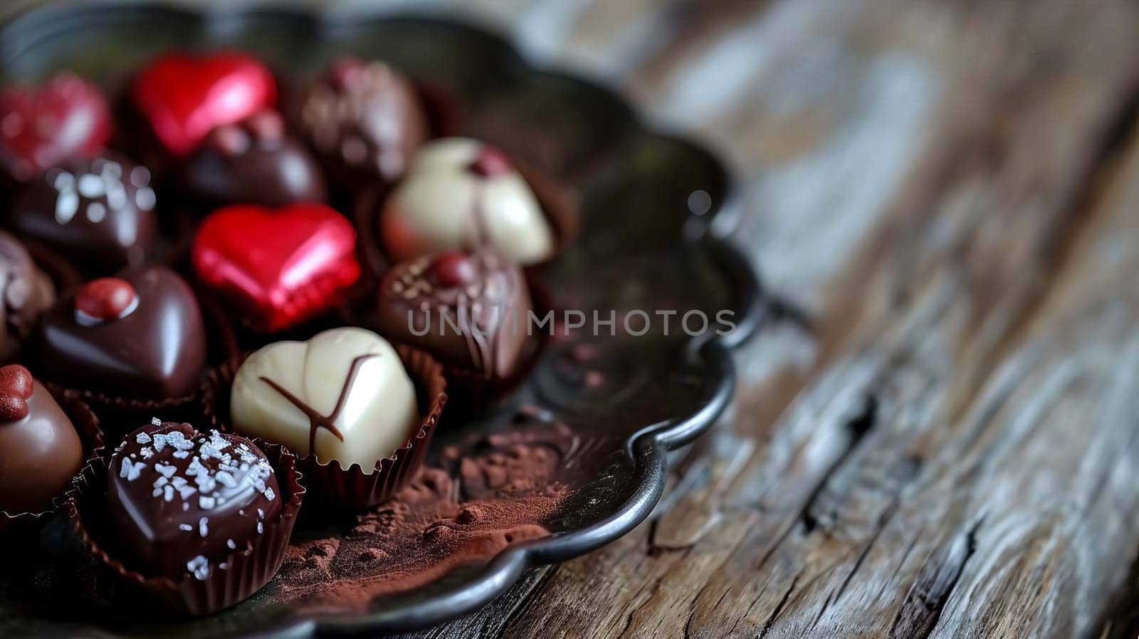 heart shaped chocolate on a tray. selective focus. Generative AI, food