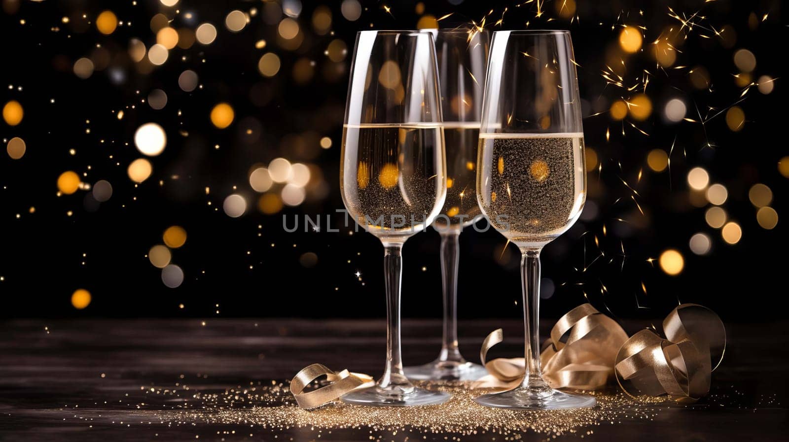 Glasses of wine on glass table with bokeh background close up. New Year, Christmas mood. Greeting card. Party and holiday celebration concept . drink Generative AI,