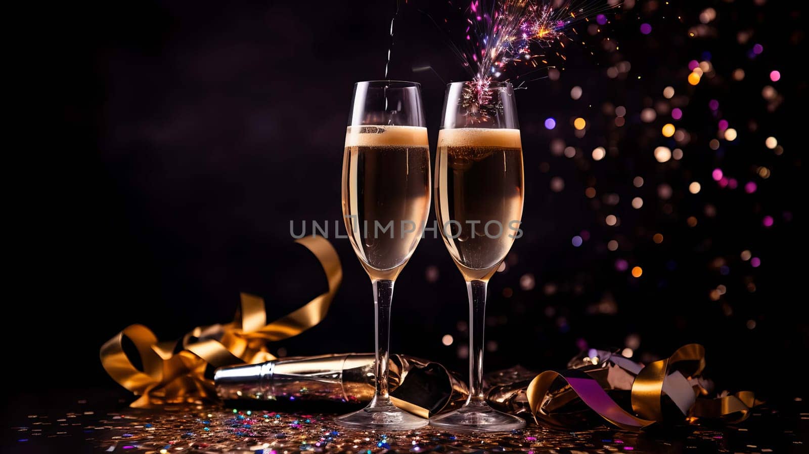 Glasses of wine on glass table with bokeh background close up. New Year, Christmas mood. Greeting card. Party and holiday celebration concept . drink Generative AI,