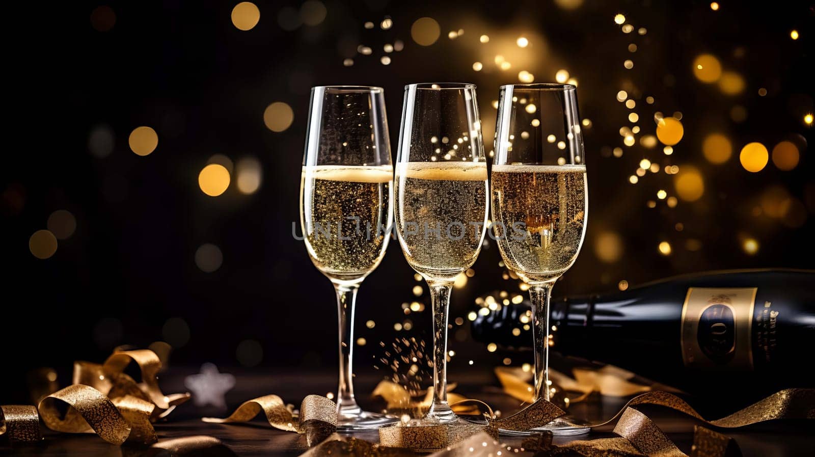 Glasses of wine on glass table with bokeh background close up. New Year, Christmas mood. Greeting card. Party and holiday celebration concept . drink Generative AI,