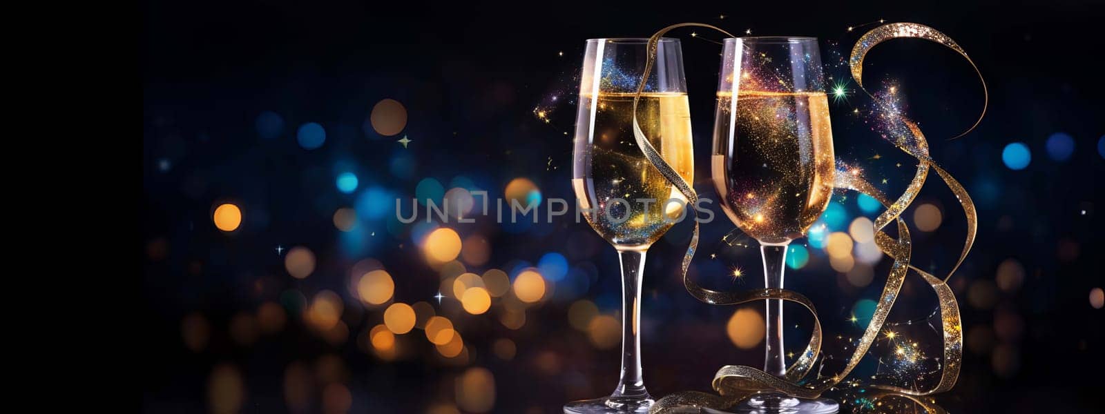 Glasses of wine on glass table with bokeh background close up. New Year, Christmas mood. Greeting card. Party and holiday celebration concept . drink Generative AI,
