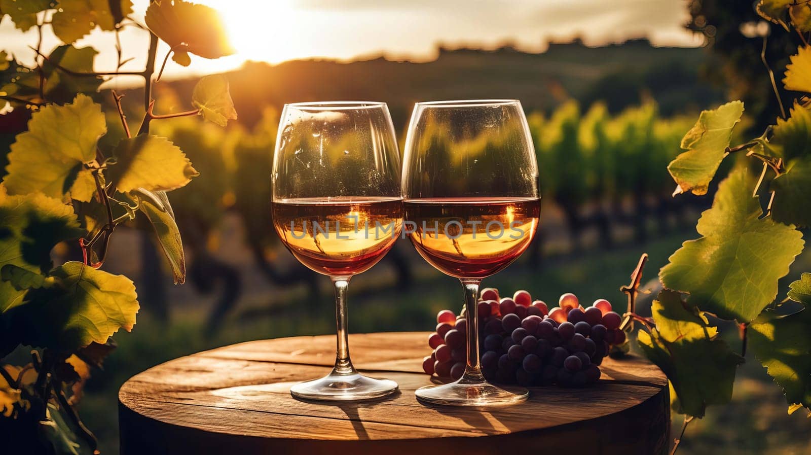 glass of wine on a wooden barrel. selective focus. food Generative AI,