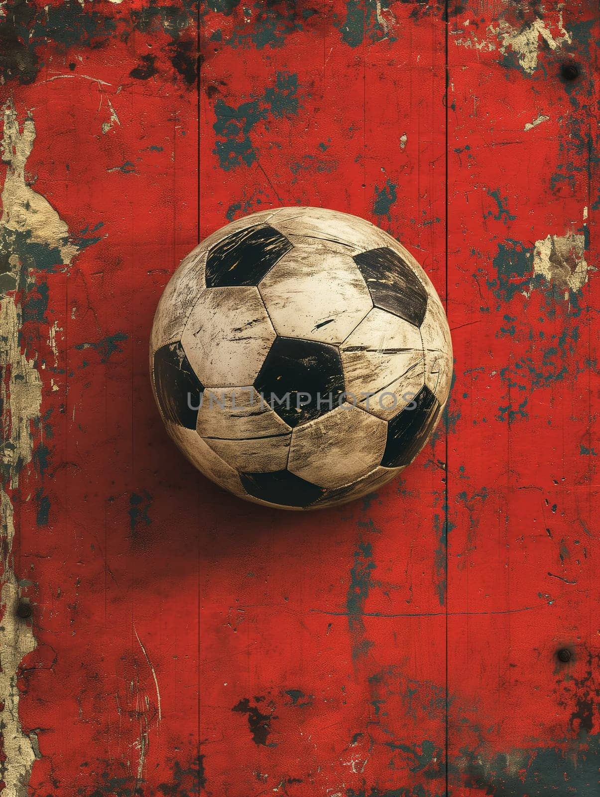 Vintage soccer ball with weathered texture on red background for sports and classic image search