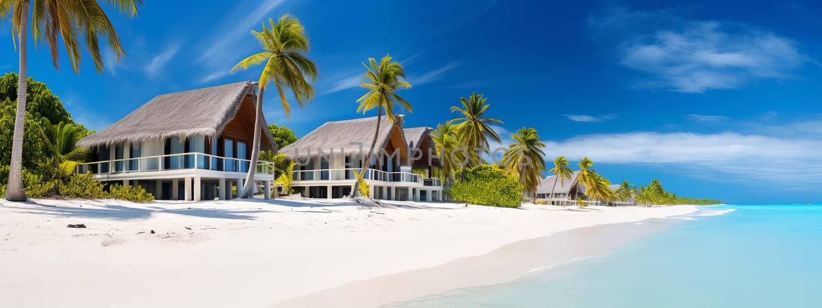 villa and palm trees on the seashore. selective focus. Generative Ai, travel