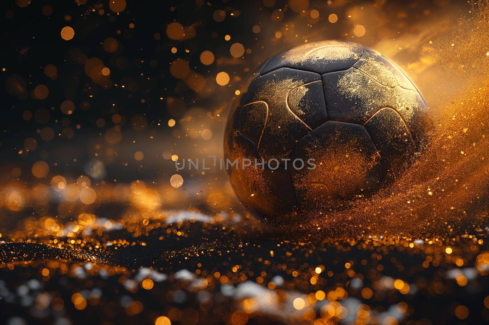 Golden soccer ball glowing with sparkles and dust light on black shiny game surface.