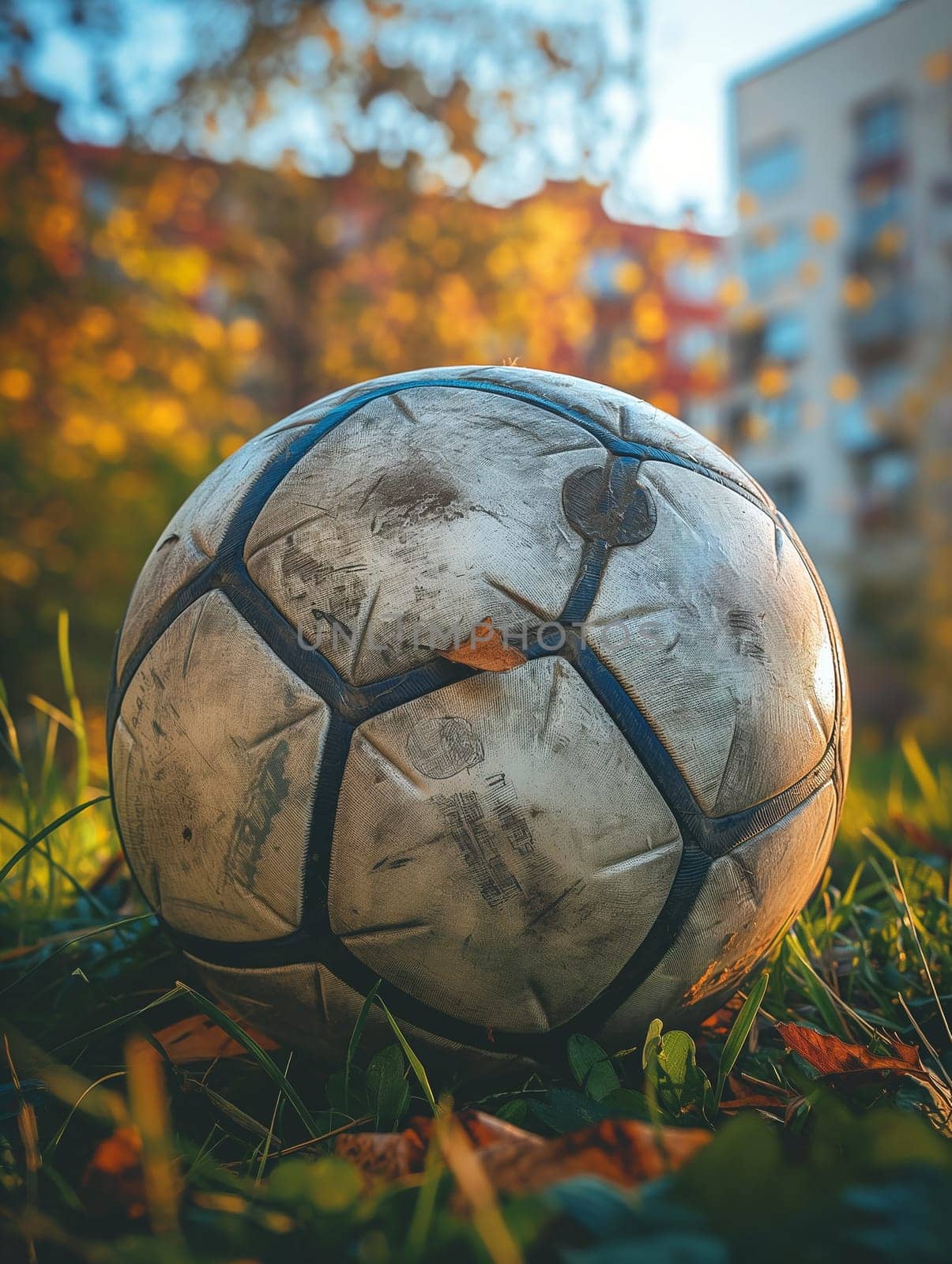 Soccer ball on autumn grass in a park with weathered leaves during outdoor sport season.