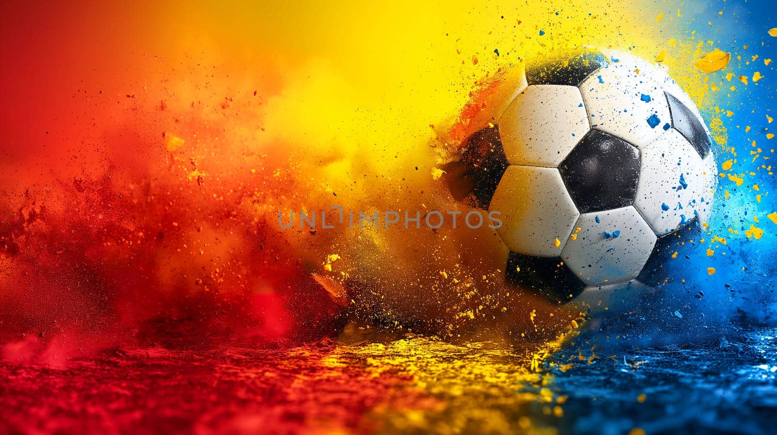 Soccer ball explosion in colorful dynamic motion with vivid action and vibrant game play