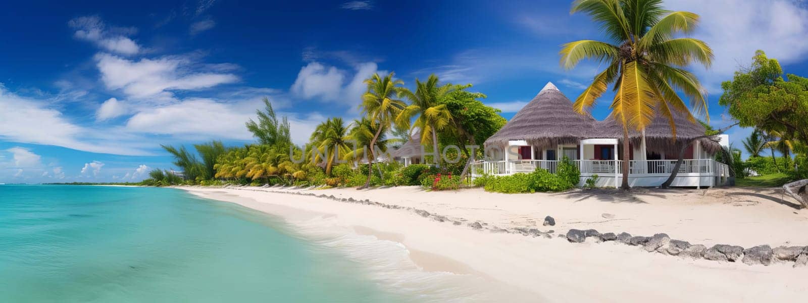villa and palm trees on the seashore. selective focus. Generative Ai, travel