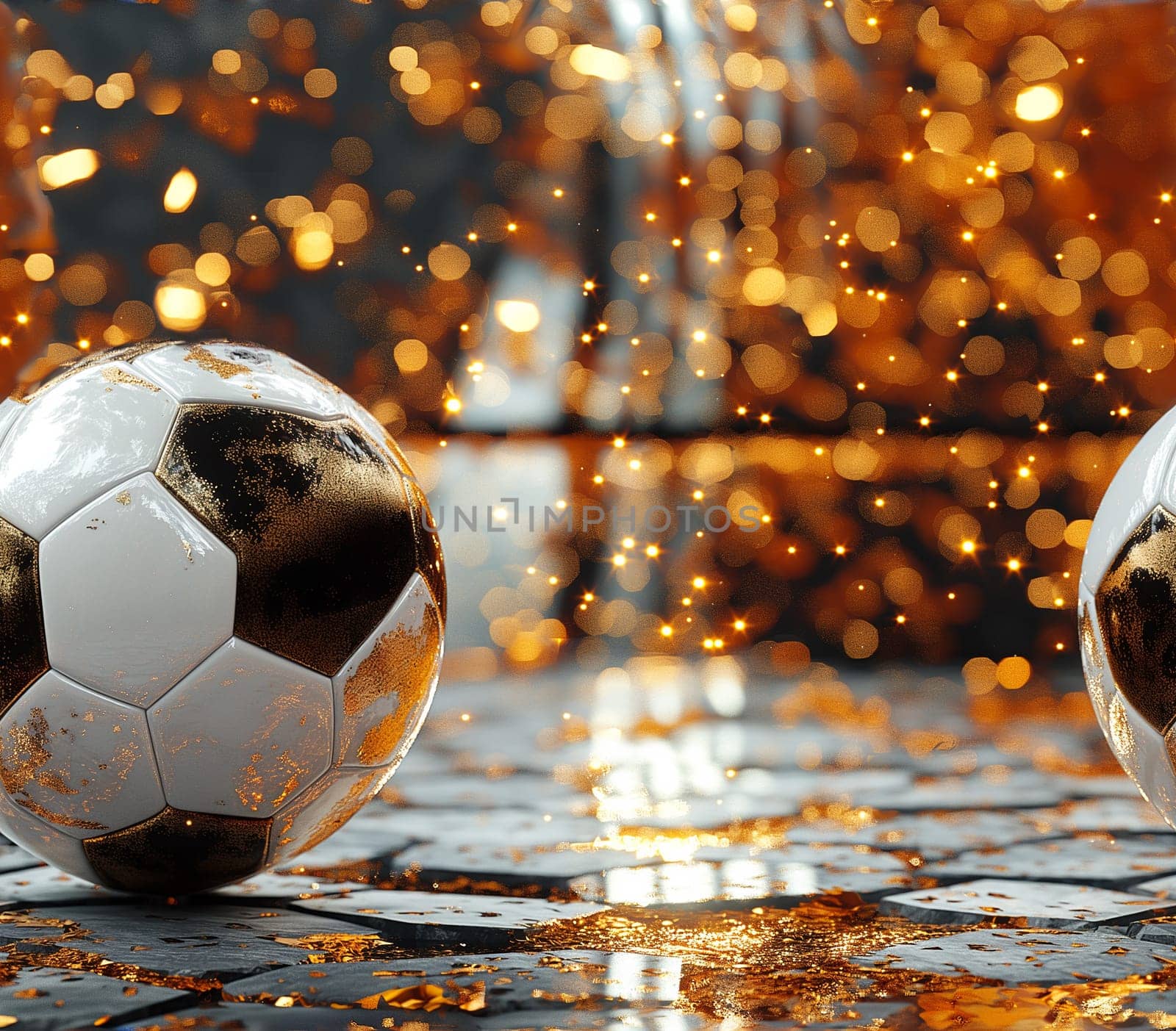 Golden celebration of soccer with shiny balls, lights, and sparks in a festive event