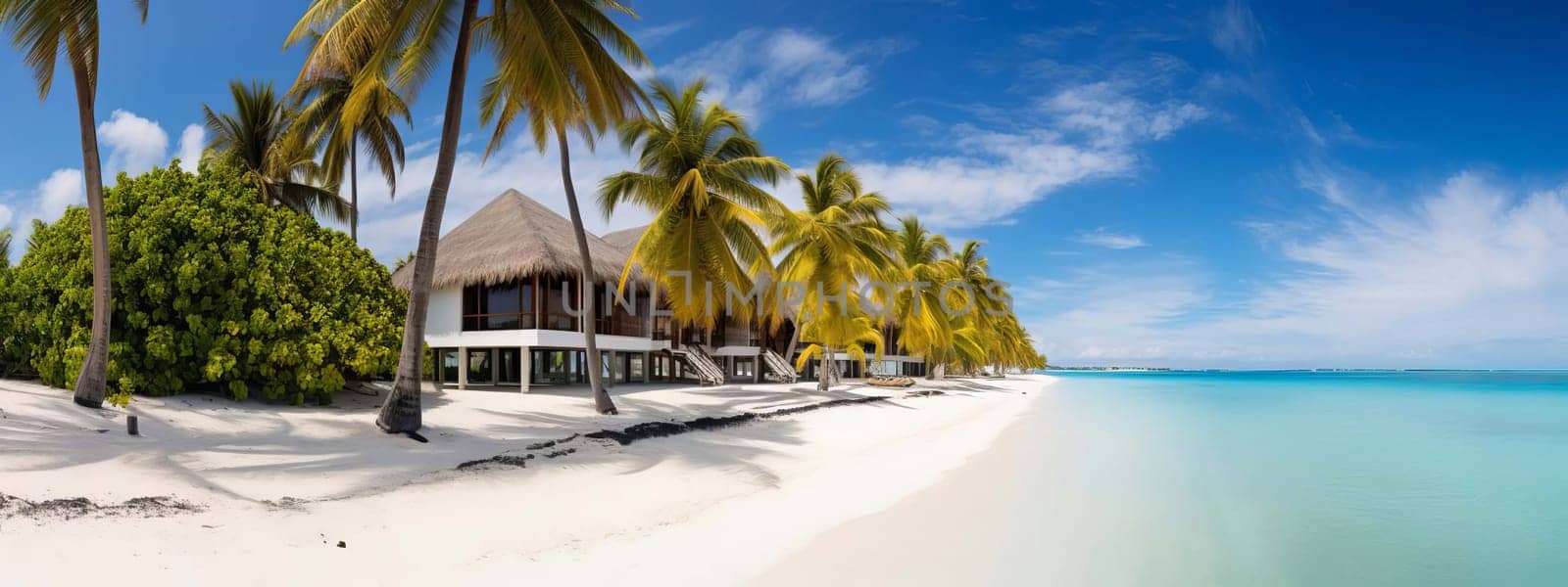 villa and palm trees on the seashore. selective focus. Generative Ai, travel