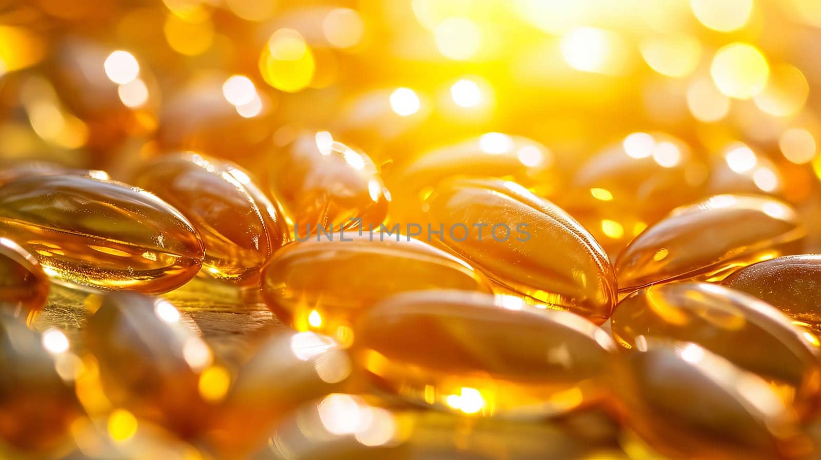 Omega-3 fish oil capsules on a dark wooden background. selective focus. medical Generative AI,