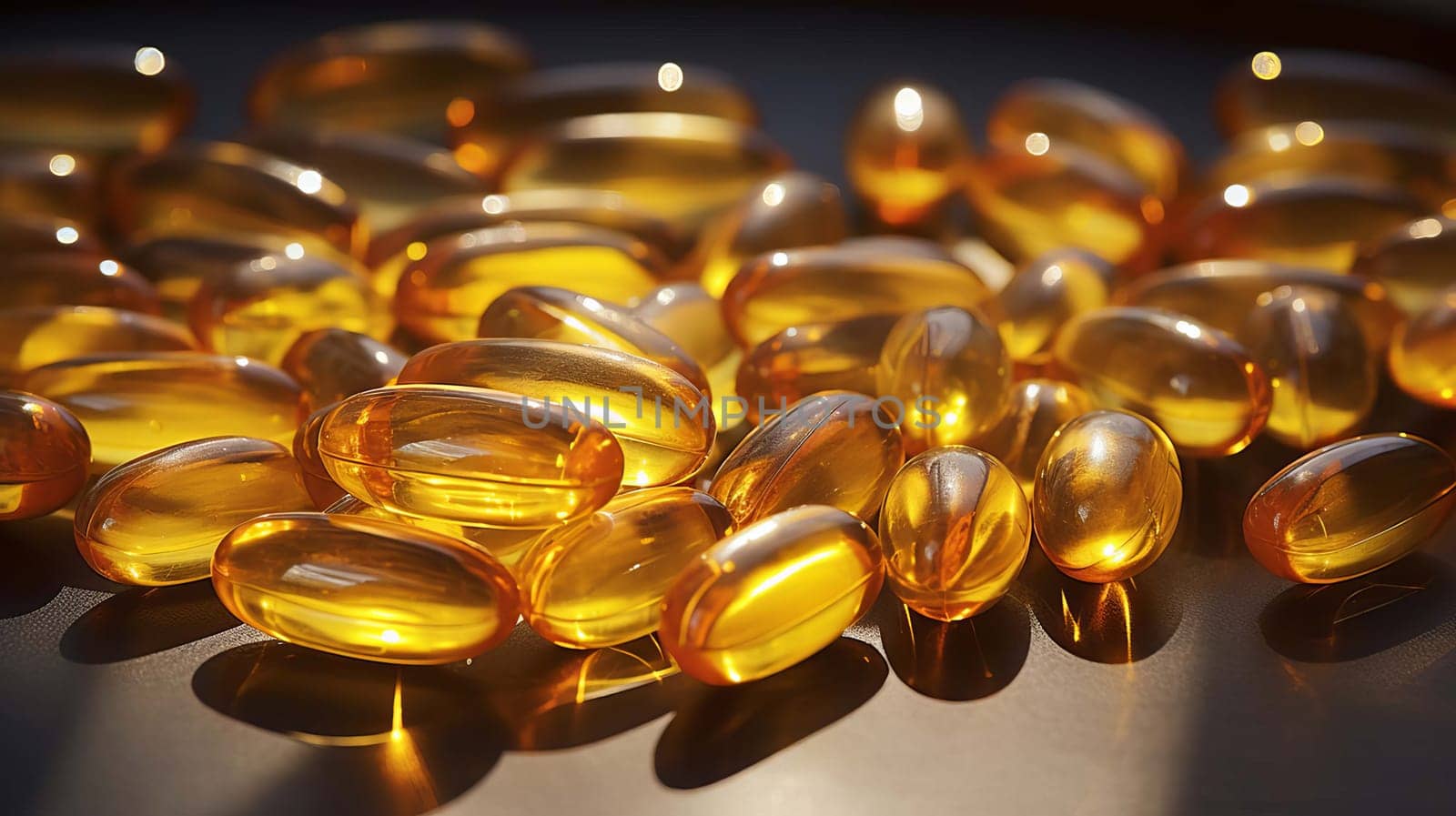 Omega-3 fish oil capsules on a dark wooden background. selective focus. Generative AI,