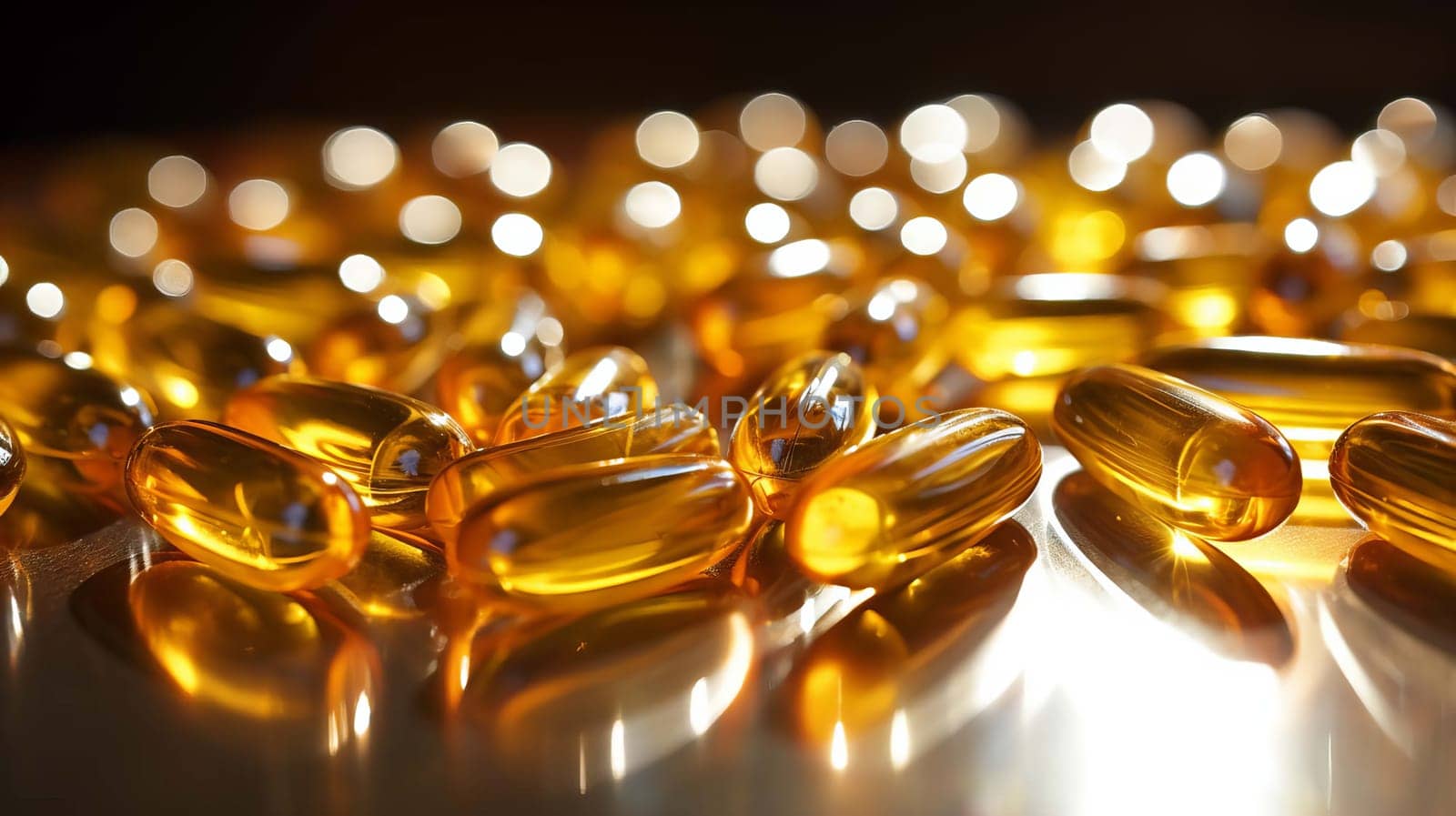 Omega-3 fish oil capsules on a dark wooden background. selective focus. Generative AI,