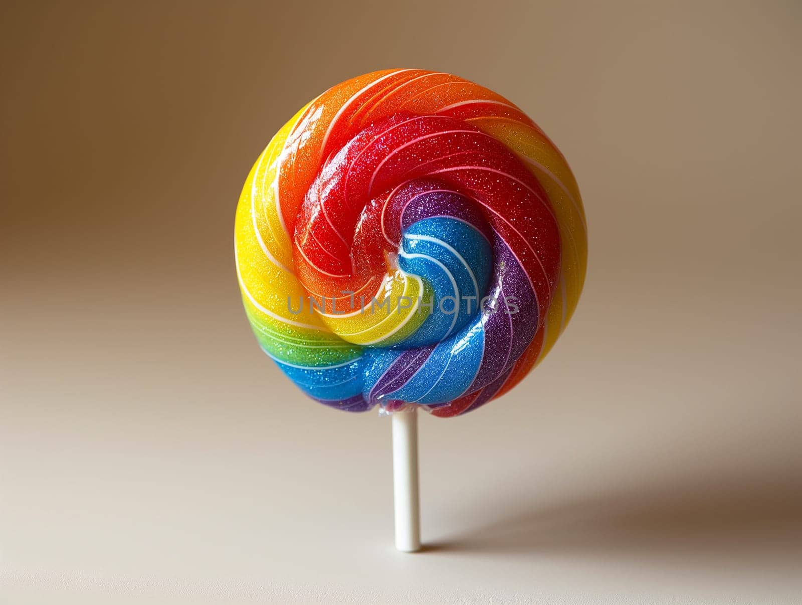 Colorful rainbow lollipop candy with swirl, a delicious and sweet treat for dessert lovers.